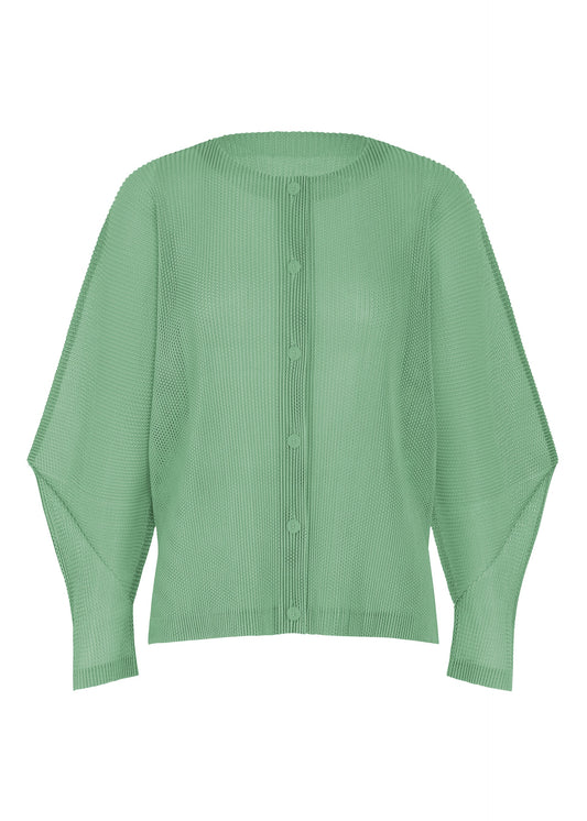 A product shot of the PLEATS PLEASE ISSEY MIYAKE TATAMI AUGUST cardigan in grayish green.