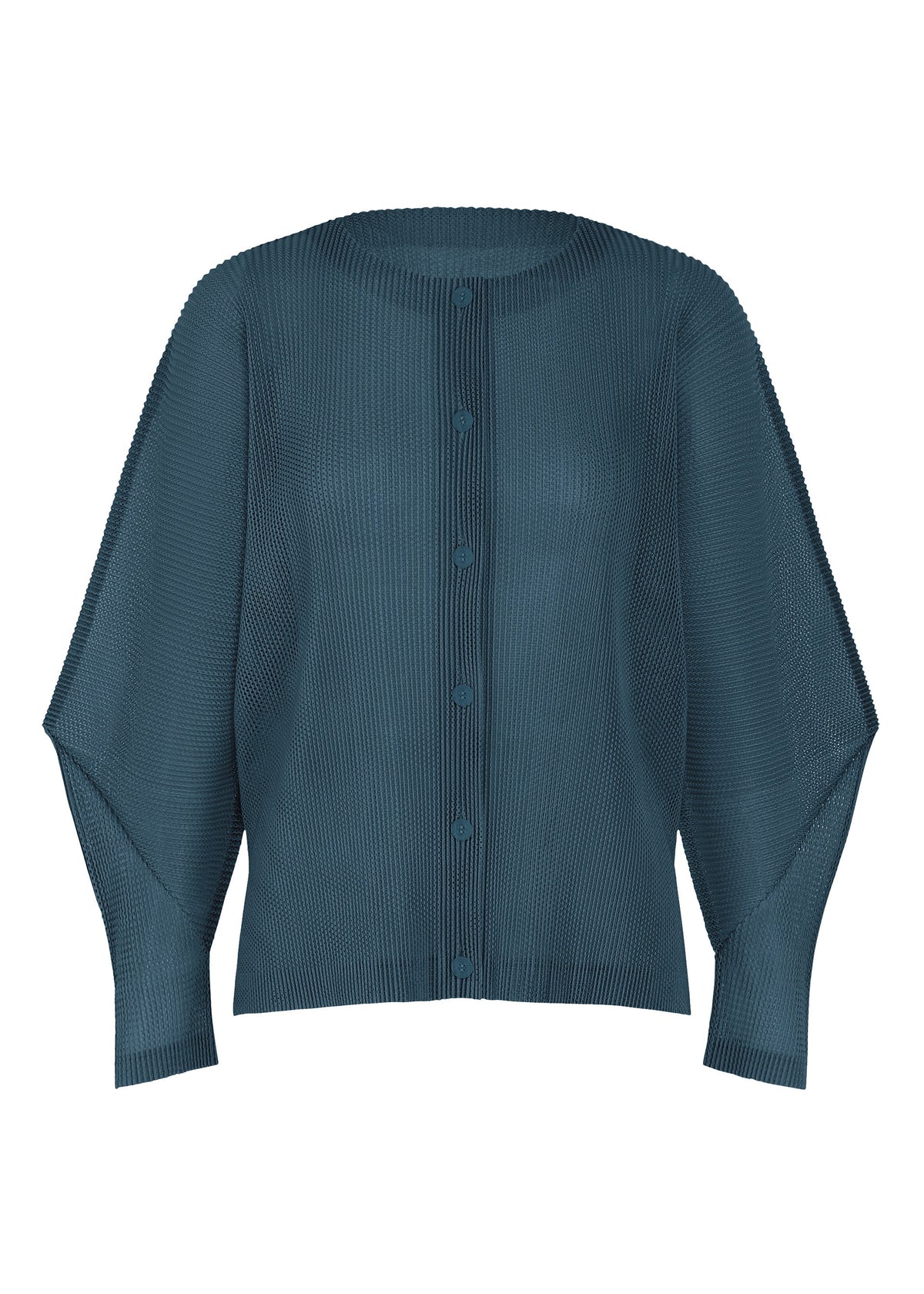 A product shot of the PLEATS PLEASE ISSEY MIYAKE TATAMI AUGUST cardigan in marine blue.