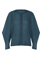 A product shot of the PLEATS PLEASE ISSEY MIYAKE TATAMI AUGUST cardigan in marine blue.