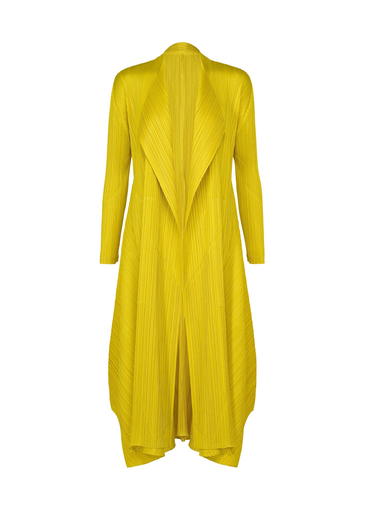 A product shot of the PLEATS PLEASE ISSEY MIYAKE MONTHLY COLORS : OCTOBER coat in yellow ocher.