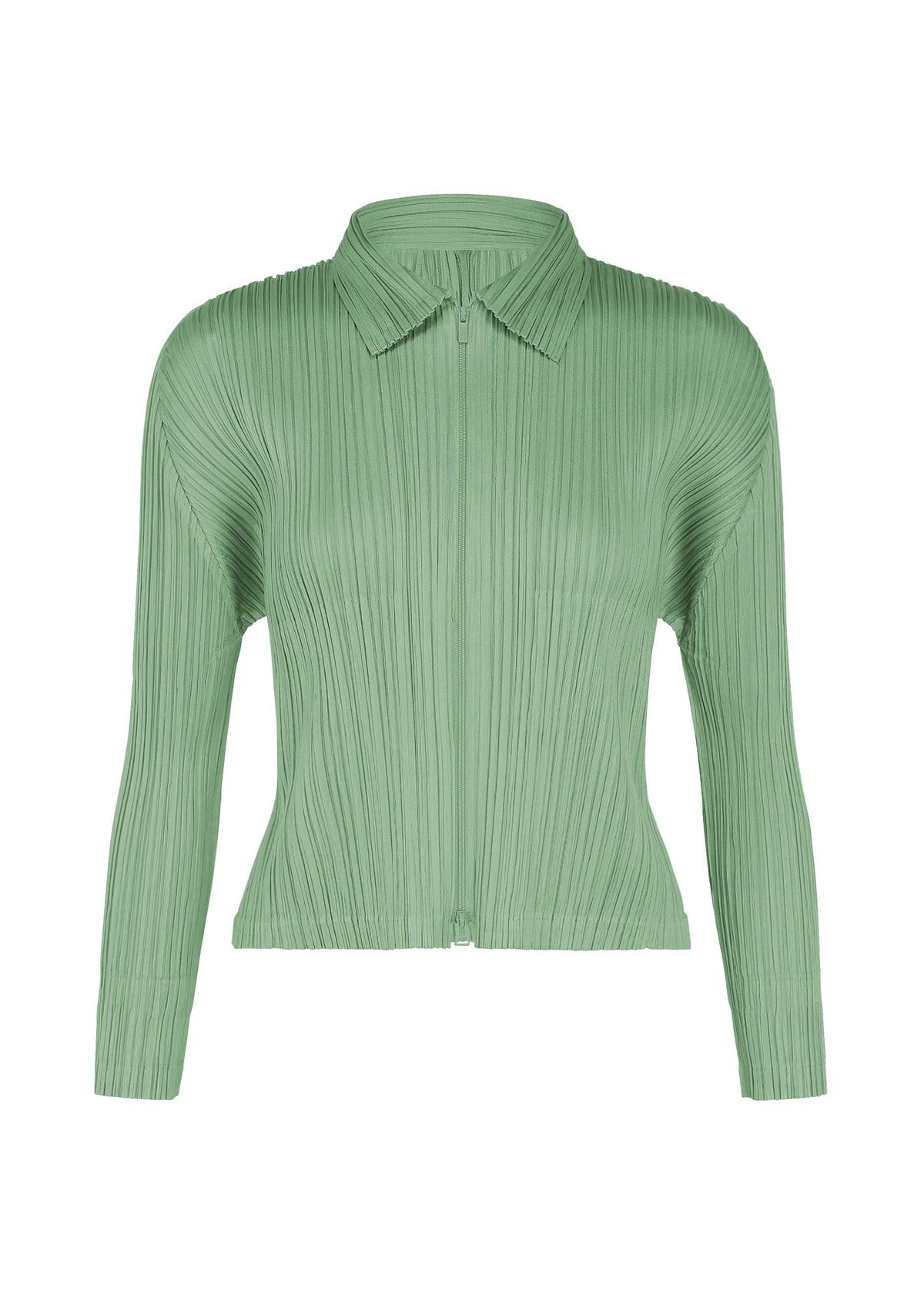 A product shot of the PLEATS PLEASE ISSEY MIYAKE MONTHLY COLORS : AUGUST blouson in grayish green.
