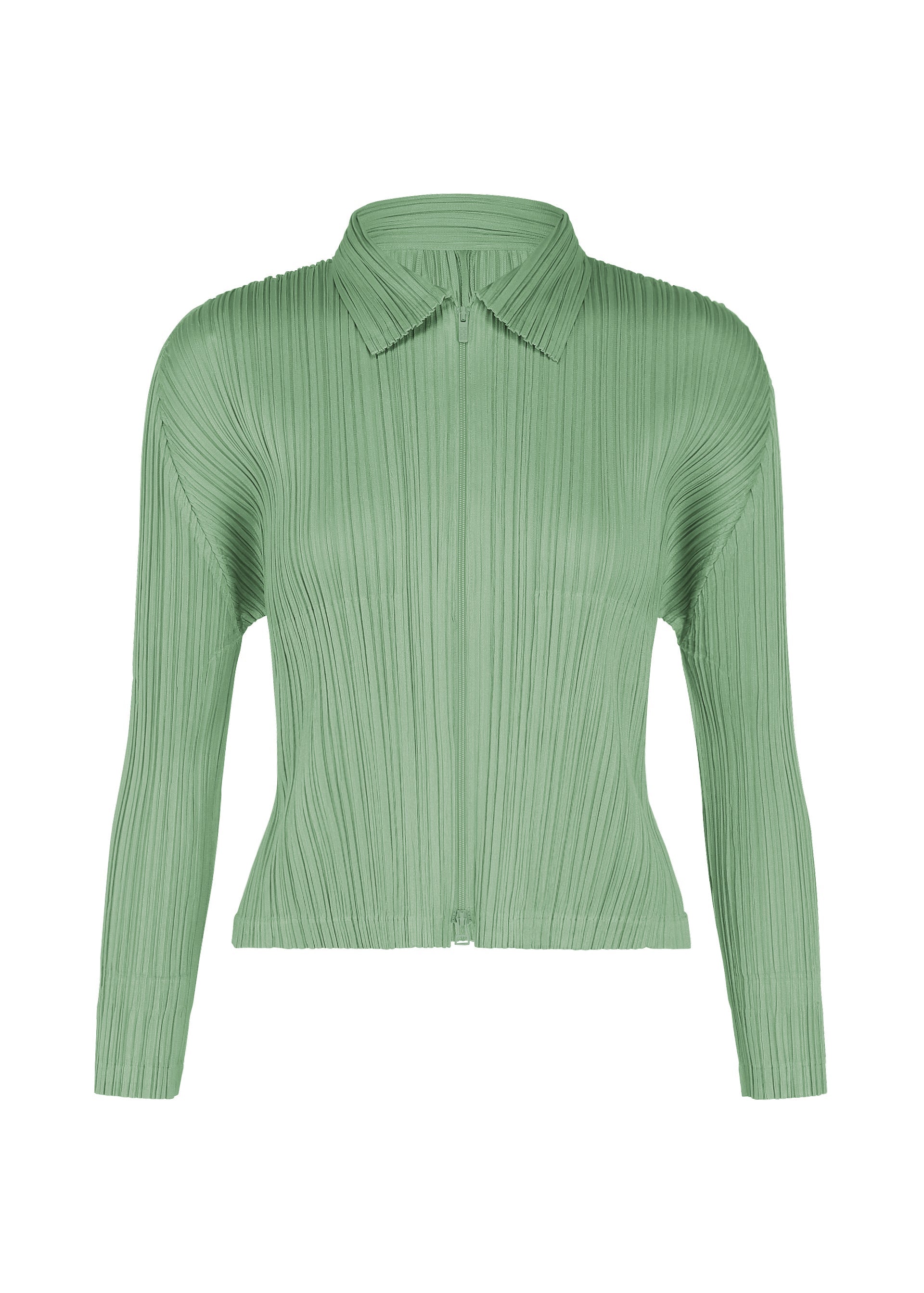 A product shot of the PLEATS PLEASE ISSEY MIYAKE MONTHLY COLORS : AUGUST blouson in grayish green.
