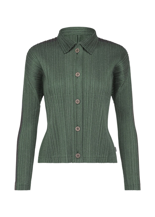 A product shot of the PLEATS PLEASE ISSEY MIYAKE COTTON DENIM blouson in dark green.