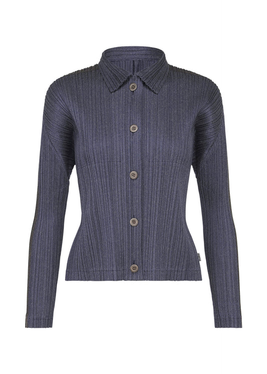 A product shot of the PLEATS PLEASE ISSEY MIYAKE COTTON DENIM blouson in navy blue.