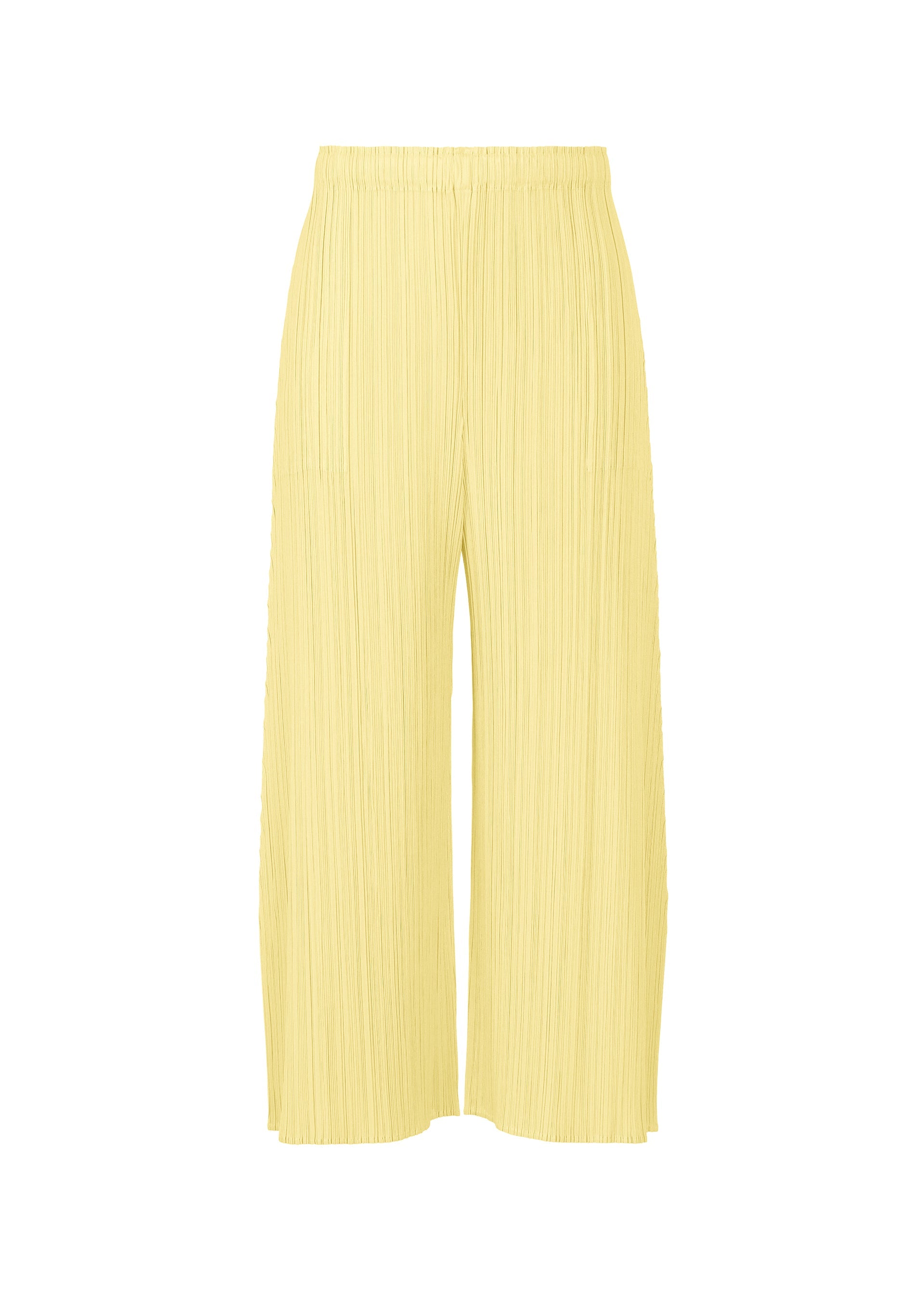 A product shot of the PLEATS PLEASE ISSEY MIYAKE MONTHLY COLORS : JULY trousers in pale yellow.