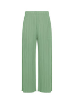 A product shot of the PLEATS PLEASE ISSEY MIYAKE MONTHLY COLORS : AUGUST pants in grayish green.