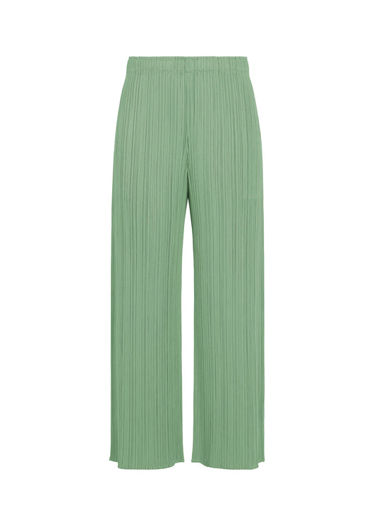A product shot of the PLEATS PLEASE ISSEY MIYAKE MONTHLY COLORS : AUGUST pants in grayish green.