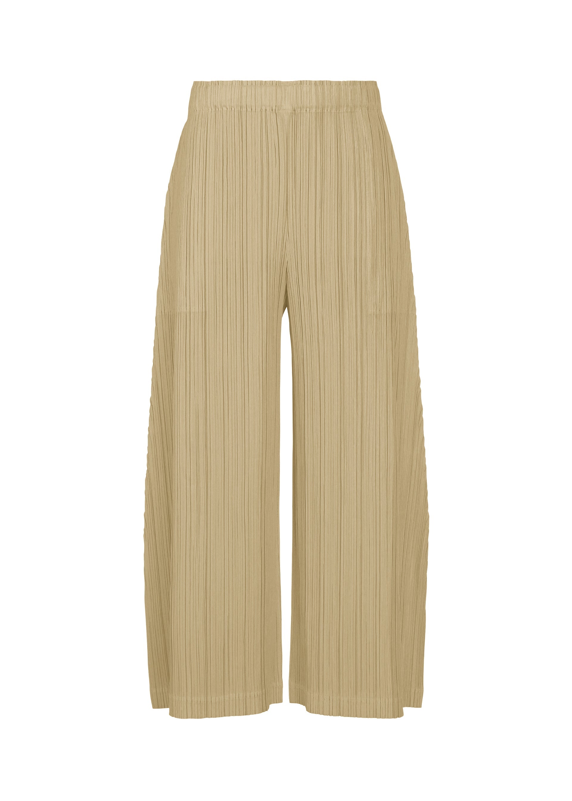 A product shot of the PLEATS PLEASE ISSEY MIYAKE THICKER BOTTOMS 1 trousers in sand beige.