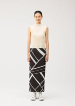 A model wears the PLEATS PLEASE ISSEY MIYAKE FOLD LINE fold-line-skirt-off-white.