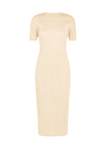 A product shot of the PLEATS PLEASE ISSEY MIYAKE MONTHLY COLORS : AUGUST dress in off white.