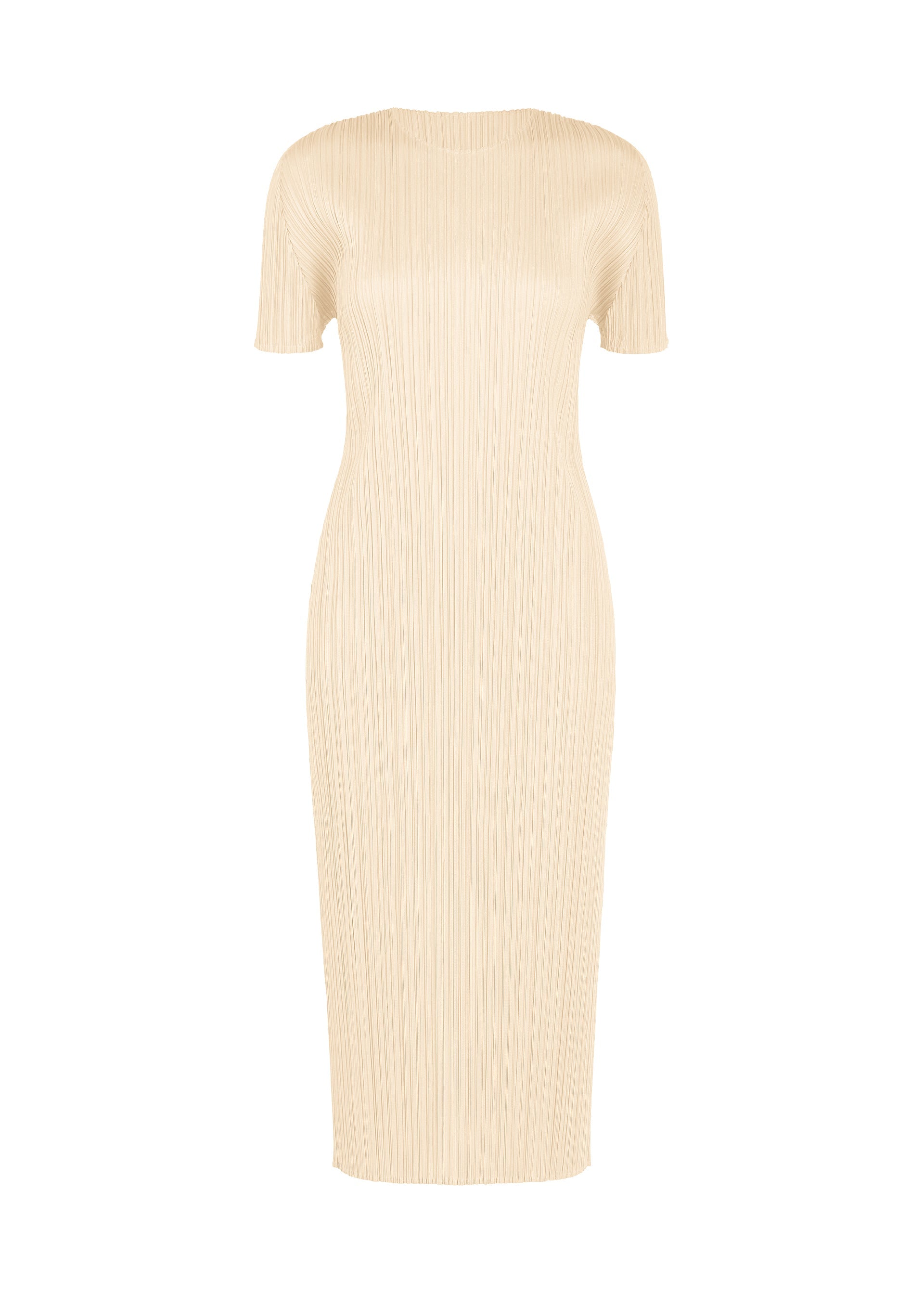 A product shot of the PLEATS PLEASE ISSEY MIYAKE MONTHLY COLORS : AUGUST dress in off white.