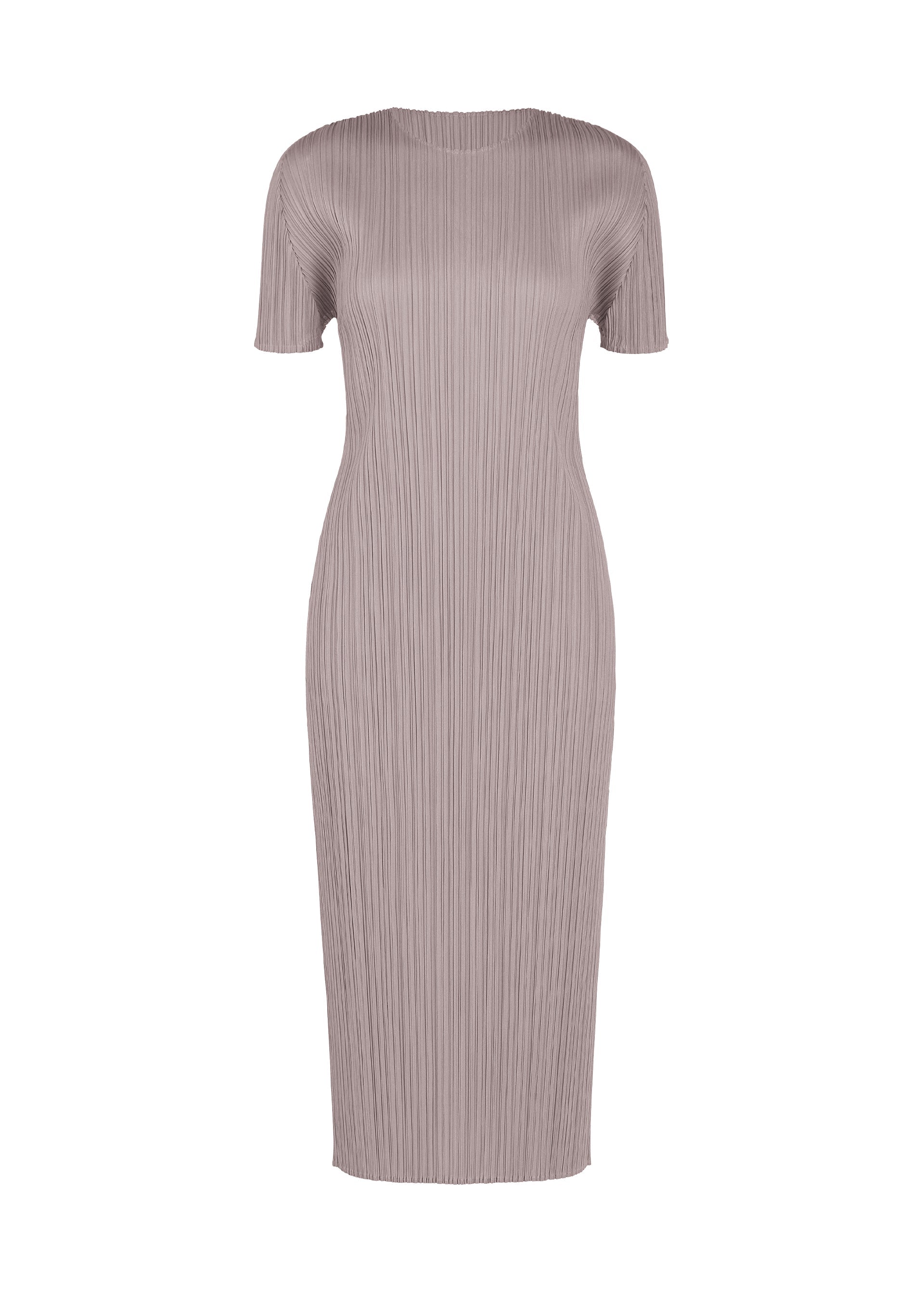 A product shot of the PLEATS PLEASE ISSEY MIYAKE MONTHLY COLORS : AUGUST dress in grayish purple.