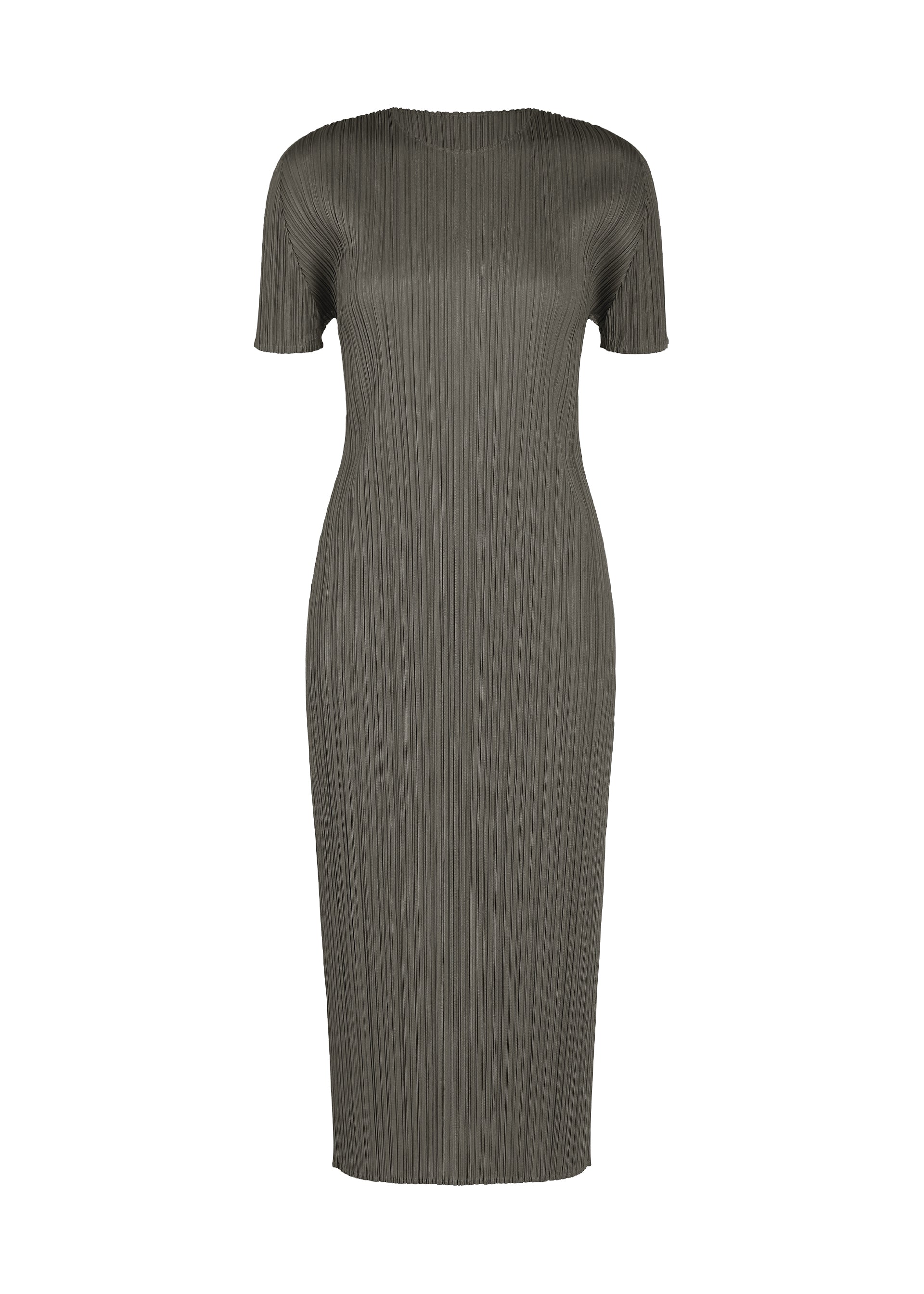 A product shot of the PLEATS PLEASE ISSEY MIYAKE MONTHLY COLORS : AUGUST dress in charcoal.