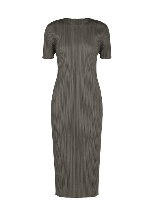 A product shot of the PLEATS PLEASE ISSEY MIYAKE MONTHLY COLORS : AUGUST dress in charcoal.