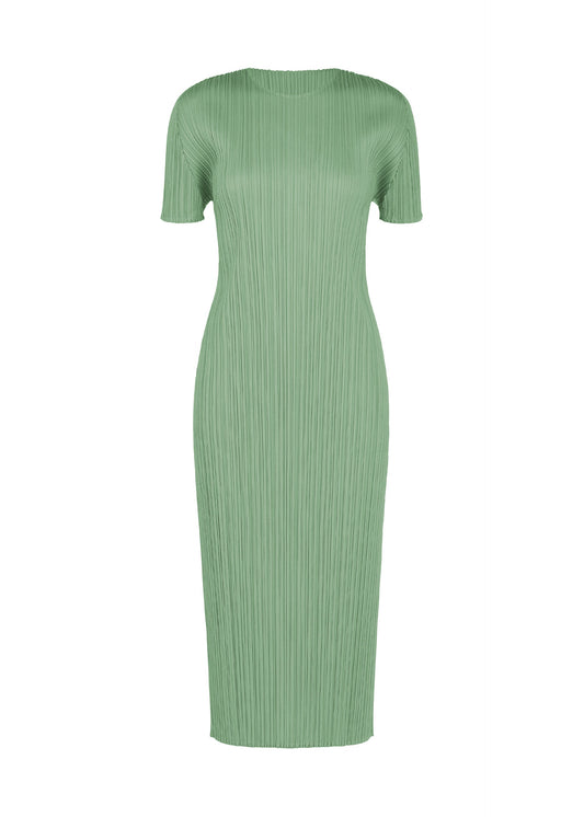 A product shot of the PLEATS PLEASE ISSEY MIYAKE MONTHLY COLORS : AUGUST dress in grayish green.