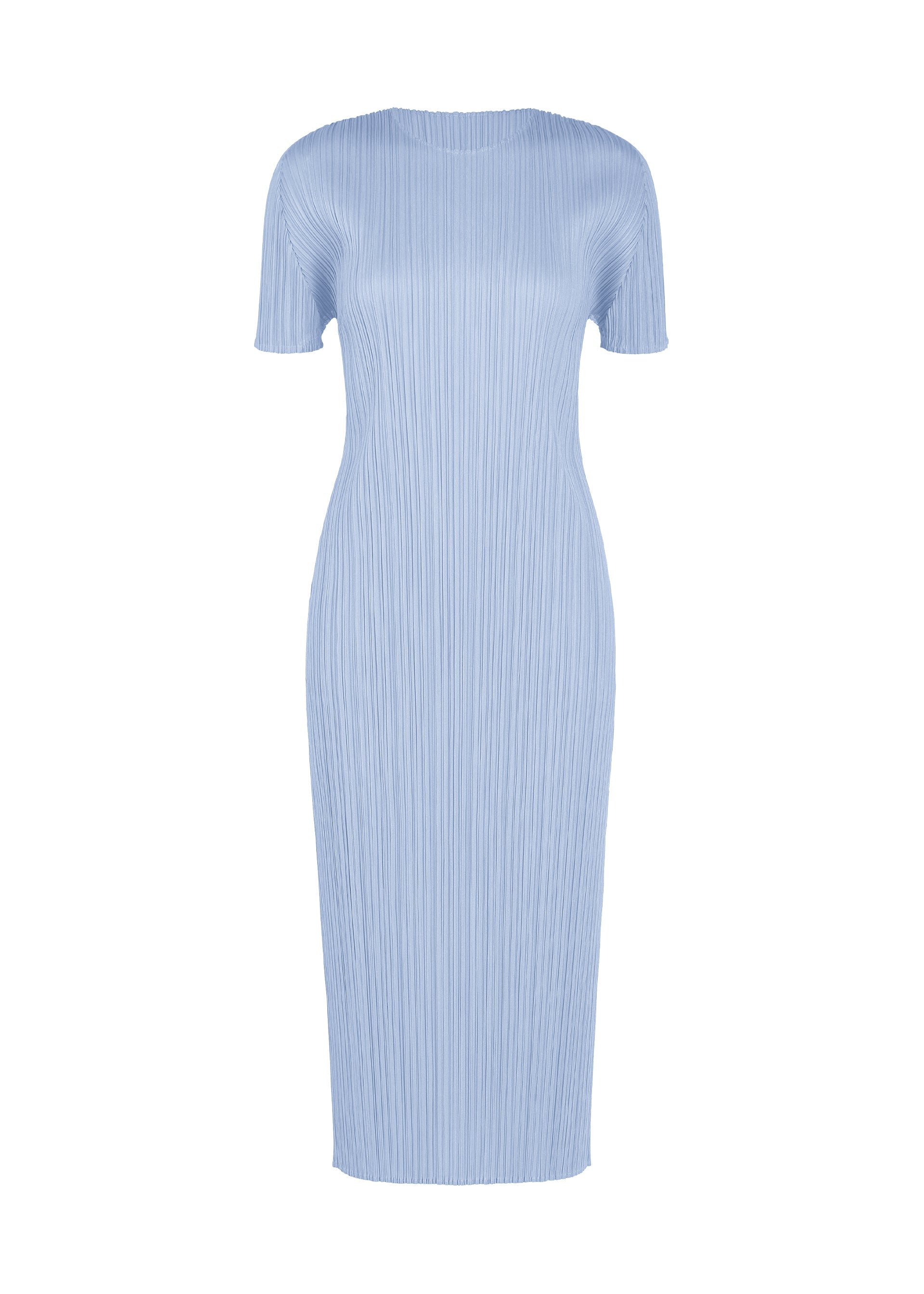 A product shot of the PLEATS PLEASE ISSEY MIYAKE MONTHLY COLORS : AUGUST dress in light blue.