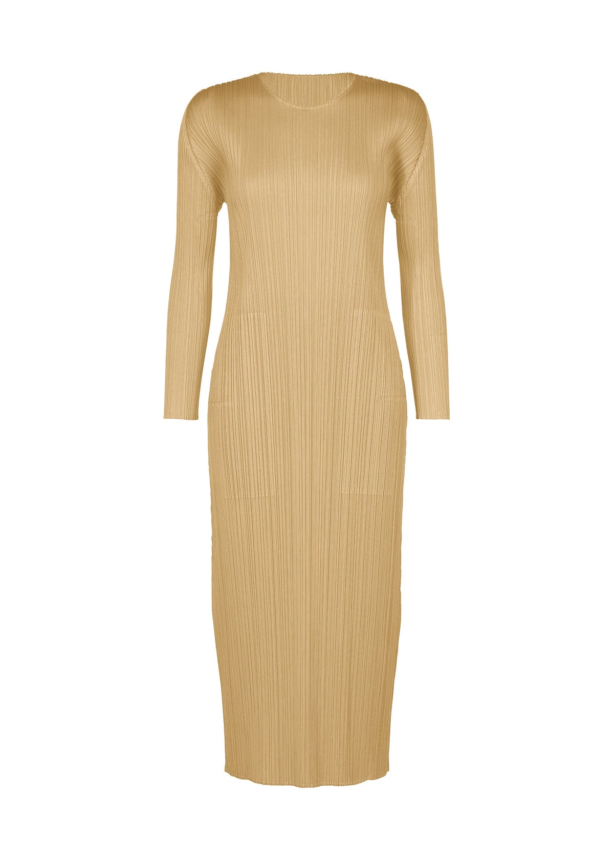 A product shot of the PLEATS PLEASE ISSEY MIYAKE MONTHLY COLORS : OCTOBER dress in ash beige.