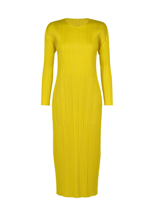 A product shot of the PLEATS PLEASE ISSEY MIYAKE MONTHLY COLORS : OCTOBER dress in yellow ocher.