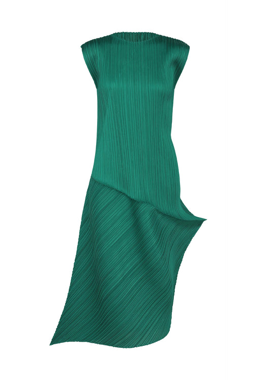 A product shot of the PLEATS PLEASE ISSEY MIYAKE LEAP dress in forest green.
