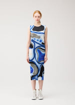 A model wears the PLEATS PLEASE ISSEY MIYAKE ROLL roll-dress-multi-1.
