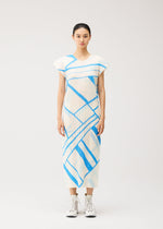 A model wears the PLEATS PLEASE ISSEY MIYAKE FOLD LINE fold-line-dress-charcoal.