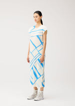 A model wears the PLEATS PLEASE ISSEY MIYAKE FOLD LINE fold-line-dress-off-white.