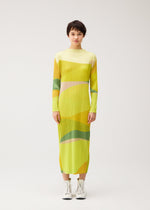 A model wears the PLEATS PLEASE ISSEY MIYAKE ORBIT orbit-dress-yellow.