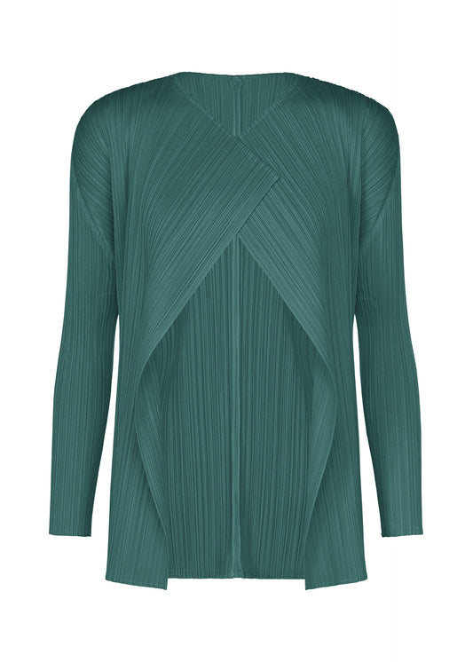 A product shot of the PLEATS PLEASE ISSEY MIYAKE MONTHLY COLORS : OCTOBER cardigan in blue green.