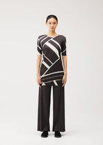 A model wears the PLEATS PLEASE ISSEY MIYAKE FOLD LINE fold-line-dress-charcoal-1.