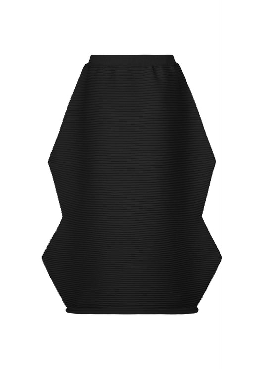 A product shot of the PLEATS PLEASE ISSEY MIYAKE ZIG ZAG KNIT skirt in black.