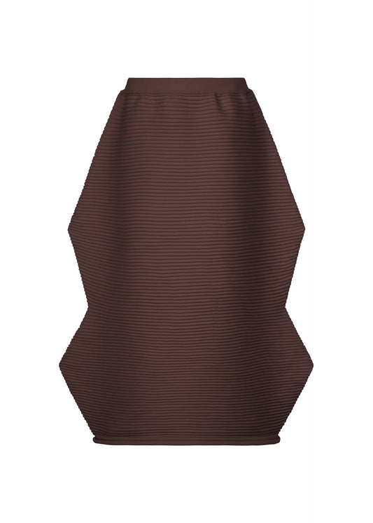 A product shot of the PLEATS PLEASE ISSEY MIYAKE ZIG ZAG KNIT skirt in dark brown.