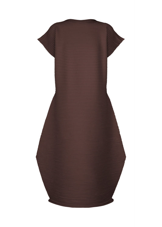 A product shot of the PLEATS PLEASE ISSEY MIYAKE ZIG ZAG KNIT dress in dark brown.