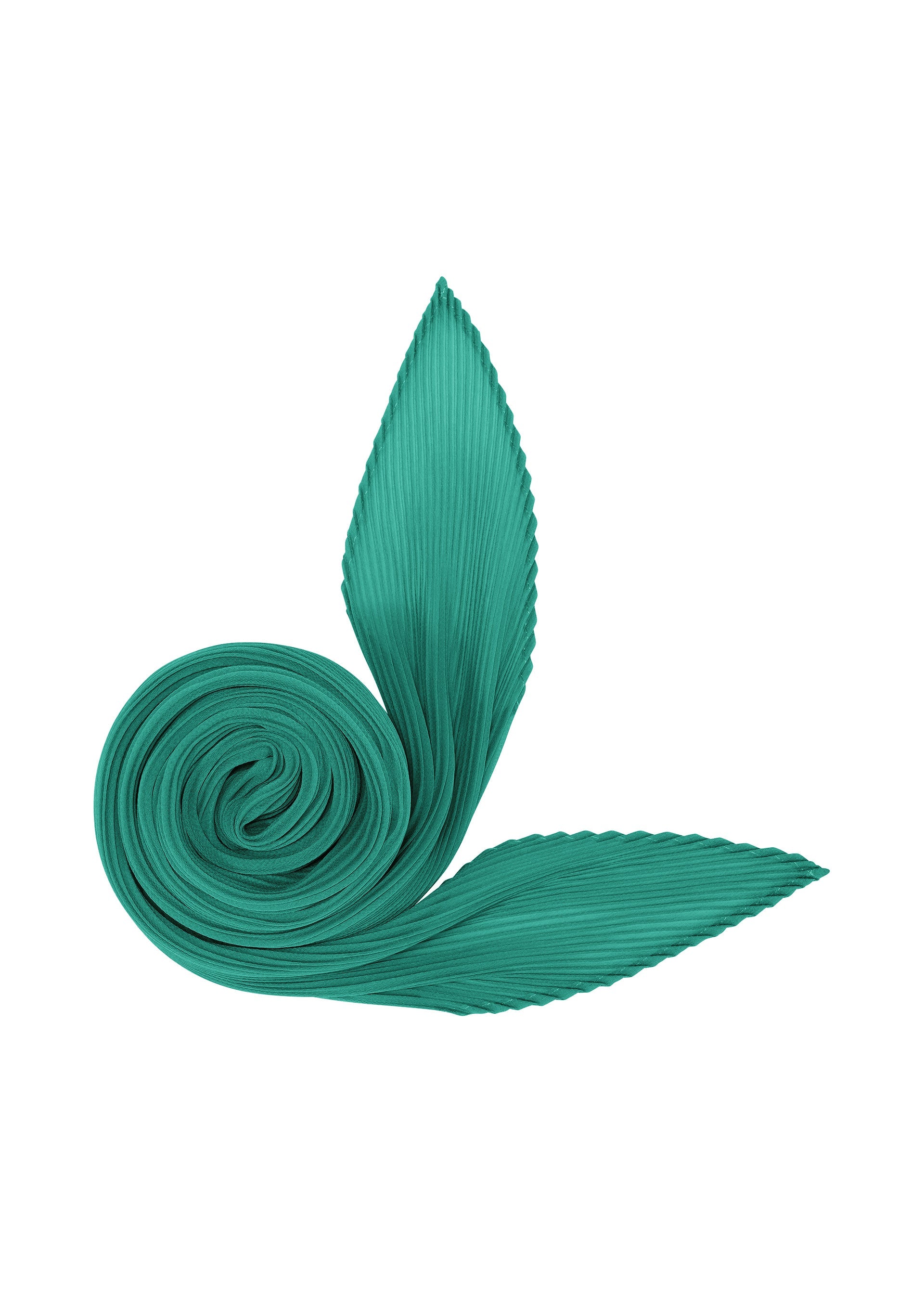 A product shot of the PLEATS PLEASE ISSEY MIYAKE MONTHLY SCARF AUGUST stole in turquoise green.