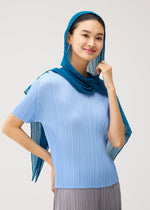 A model wears the PLEATS PLEASE ISSEY MIYAKE FOLD HOOD SCARF fold-hood-scarf-stole-cerulean-blue.