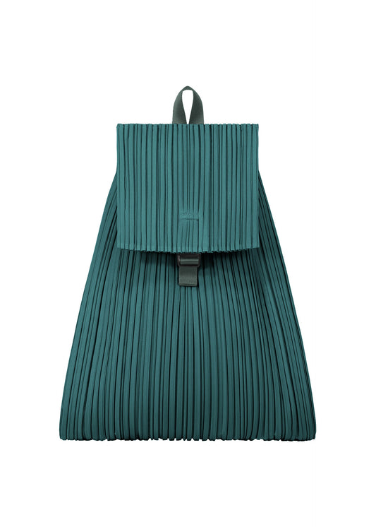 A product shot of the PLEATS PLEASE ISSEY MIYAKE PLEATS KNAPSACK bag in blue green.